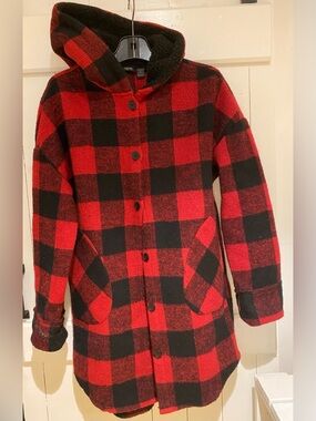 Women’s Long Cozy Lumberjack Red Black Check Sweater Coat XS